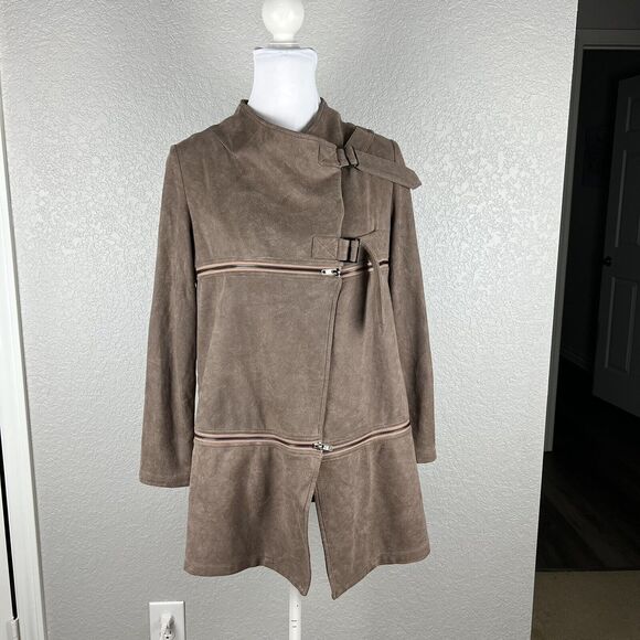 Size M Brown Asymmetric Zipper Ultra Suede Tiered Draped Hip Length Jacket - Picture 2 of 8